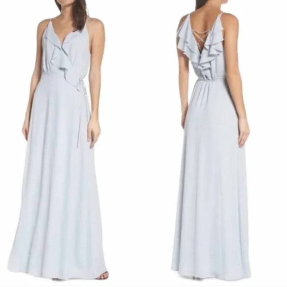 Light Blue Ruffle V Neck Cross Back Maxi Dress
